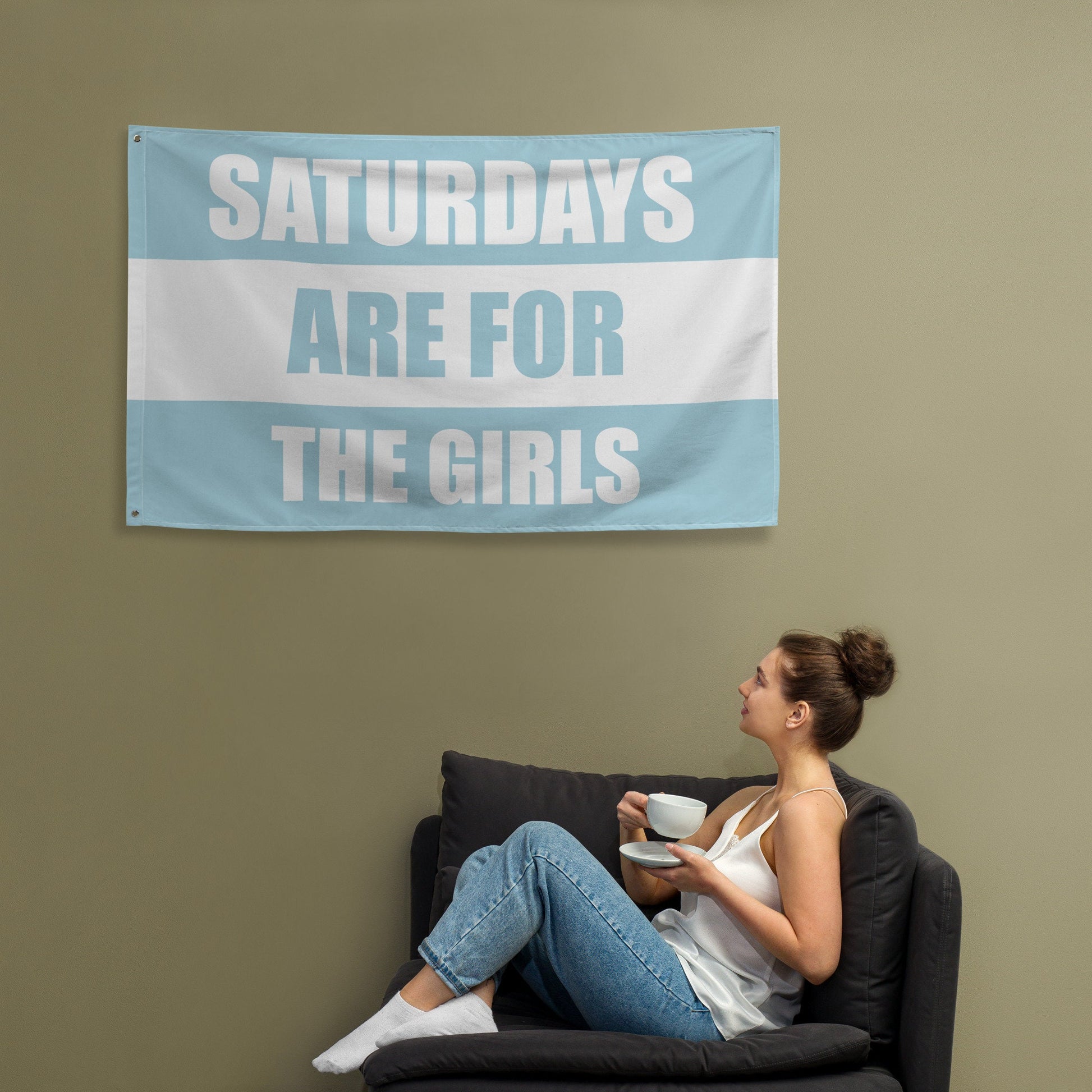 Saturdays are for the Girls Flag | Party College Dorm Tapestry Gift For Her | Light Blue, Baby Blue, White